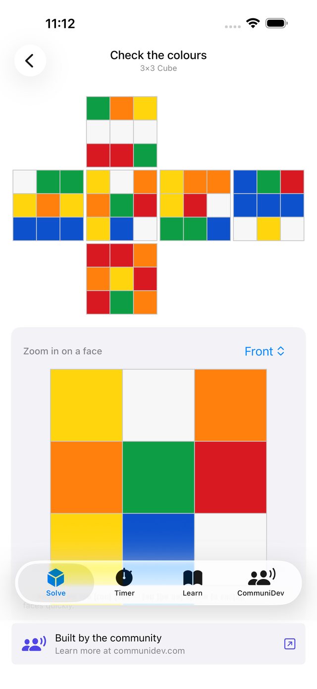 CommuniCube colour check screen showing the scanned cube as an unfolded net