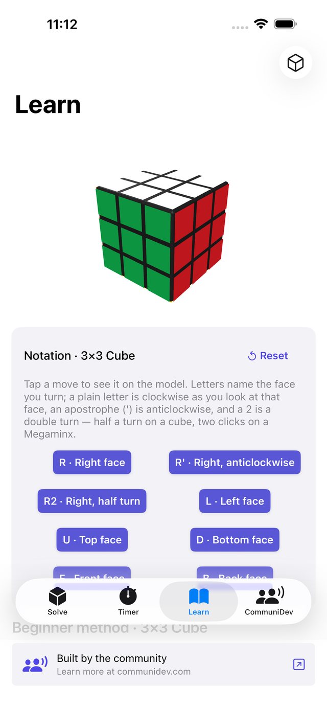 CommuniCube Learn tab with animated 3x3 notation