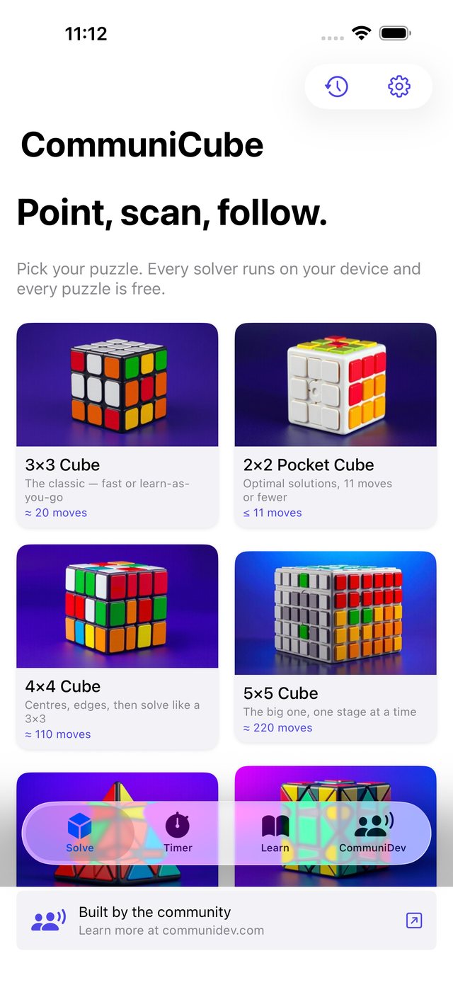 CommuniCube puzzle picker with 3x3, 2x2, 4x4 and 5x5 cubes