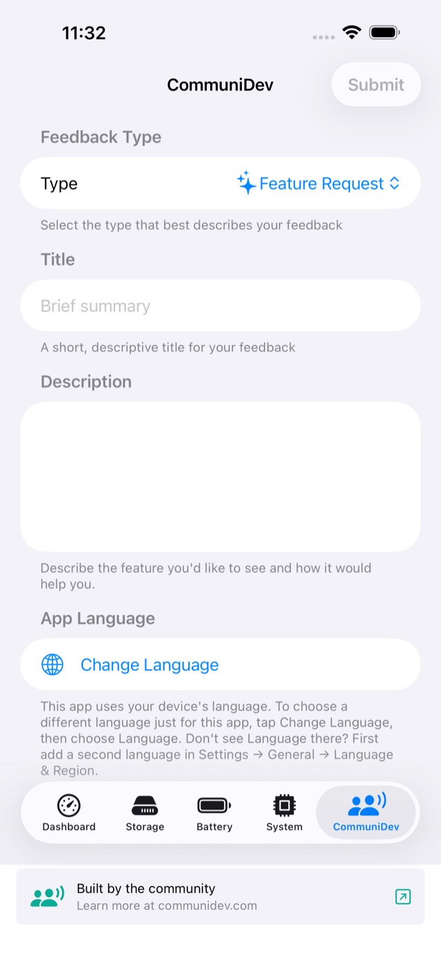 In-app CommuniDev screen for sending feedback and feature requests