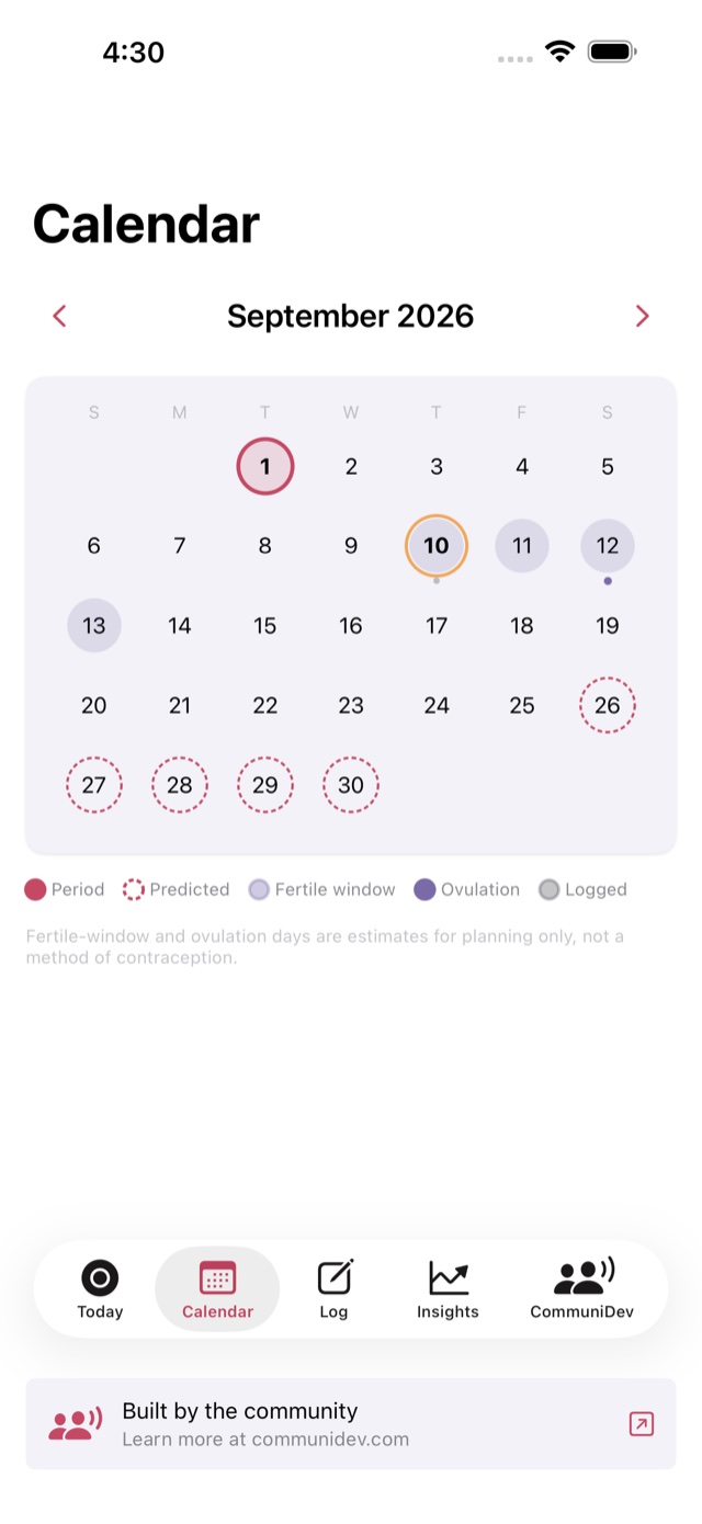CommuniHer month calendar with logged and predicted periods