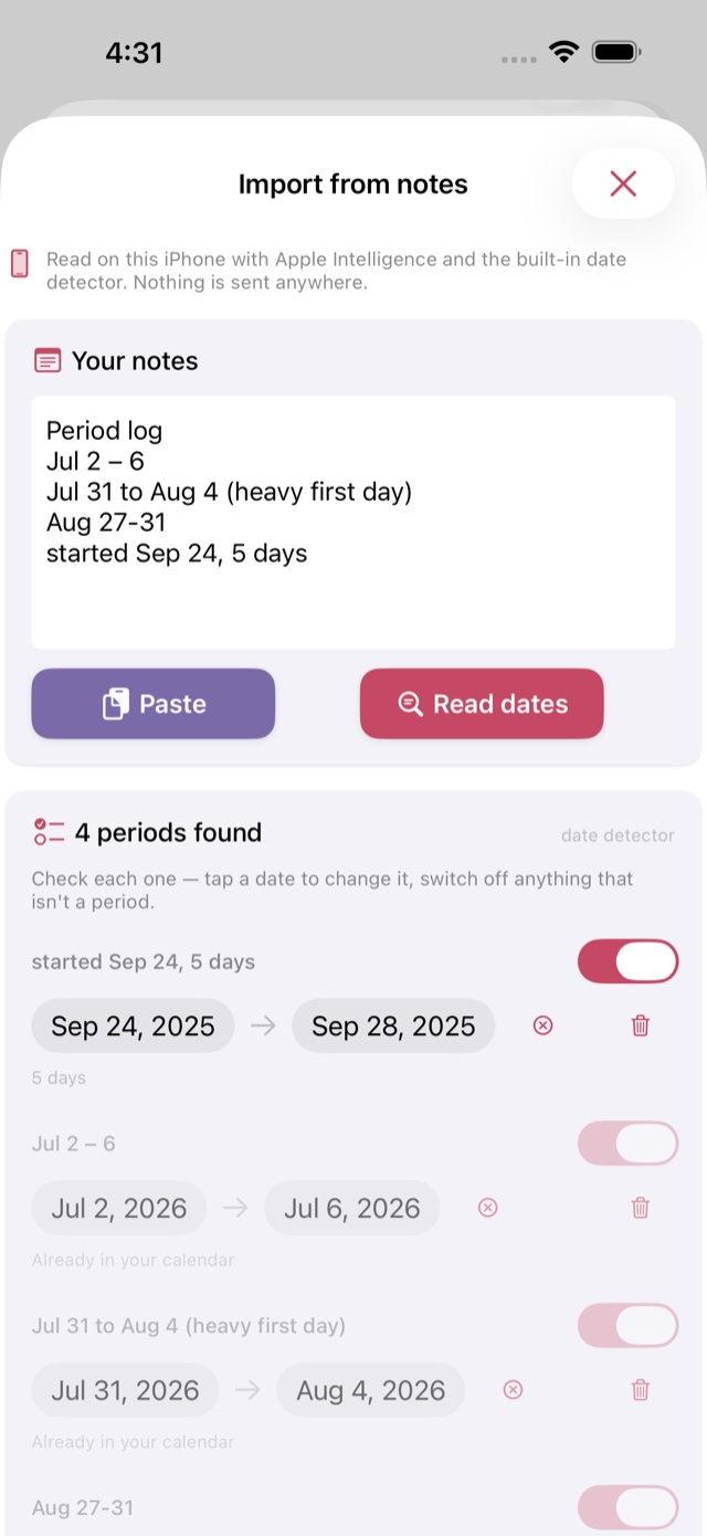 CommuniHer Import from notes screen listing periods found in pasted text