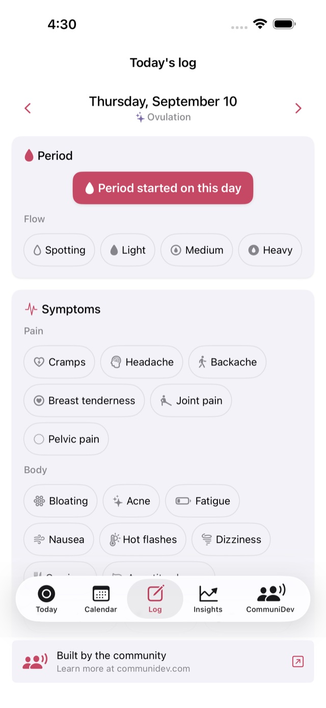 CommuniHer daily log with flow and symptom chips