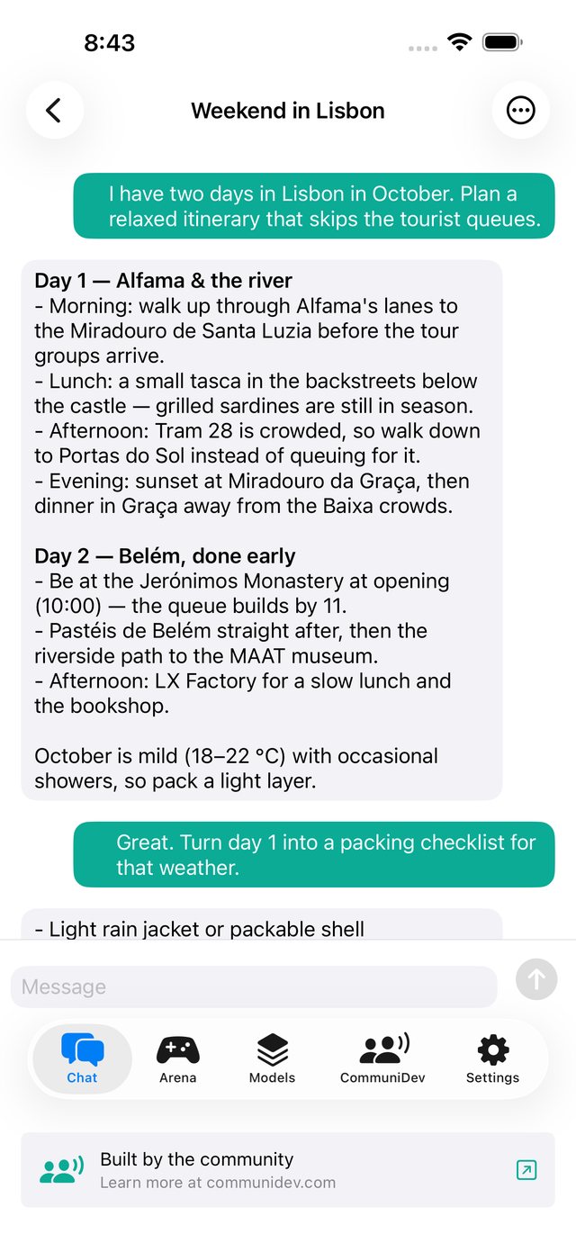 CommuniLLM chat with a streamed reply from an on-device model