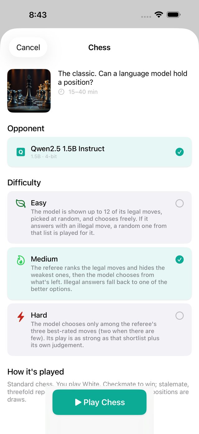 CommuniLLM chess setup with opponent model and Easy, Medium and Hard levels