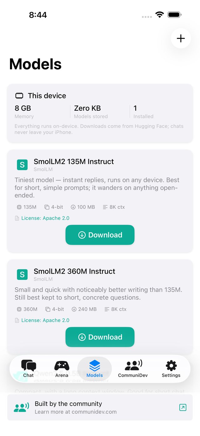 CommuniLLM Models tab with download size, memory and license on each card