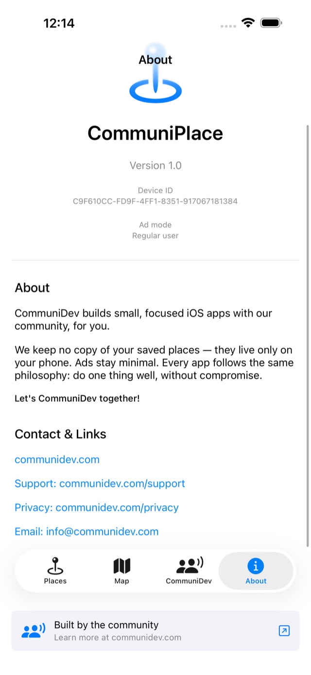 CommuniPlace About tab showing version, ad mode and contact links