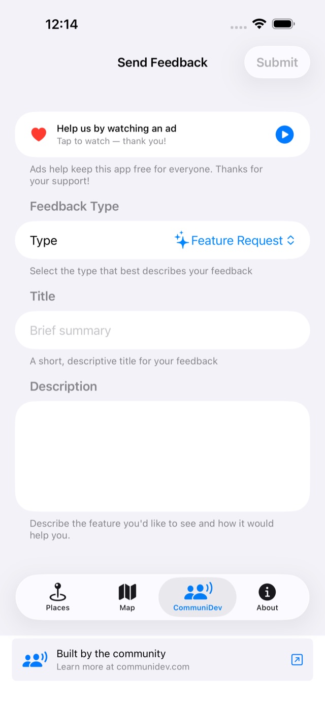 CommuniPlace CommuniDev tab with the feedback form