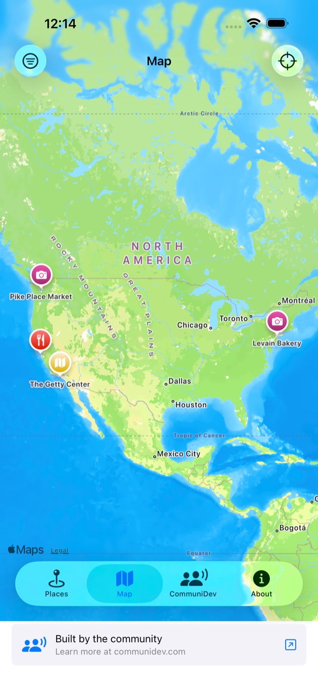 CommuniPlace map with colour-coded pins on iPhone