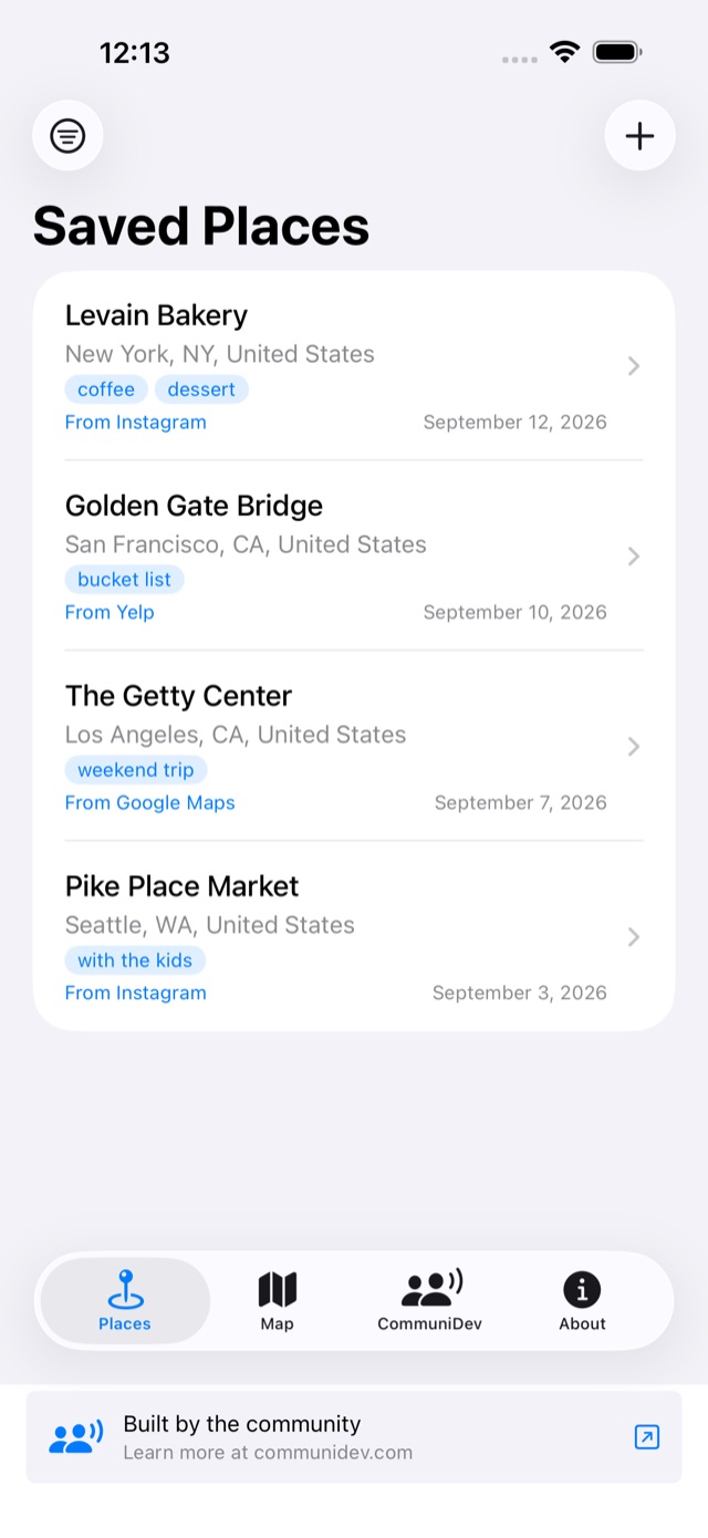 CommuniPlace saved places list on iPhone