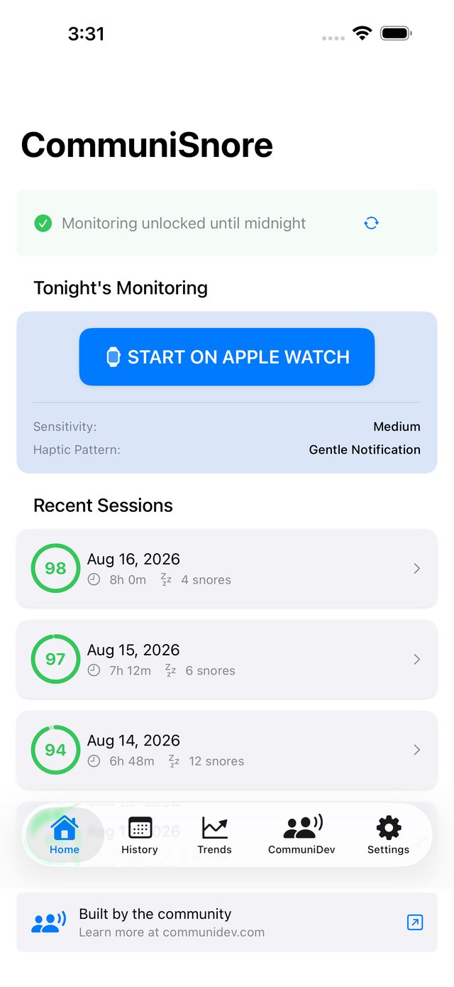 CommuniSnore dashboard on iPhone